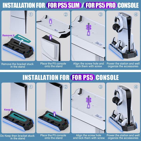for PS5/Slim/ Pro Stand Disc & Digital Console, RGB Cooling & Charging Station with 3-Level Fan, Controller Charger for PS5 Controller, Accessories with 3 USB Ports/Cooling Fan/Headset Holder