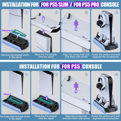 for PS5/Slim/ Pro Stand Disc & Digital Console, RGB Cooling & Charging Station with 3-Level Fan, Controller Charger for PS5 Controller, Accessories with 3 USB Ports/Cooling Fan/Headset Holder