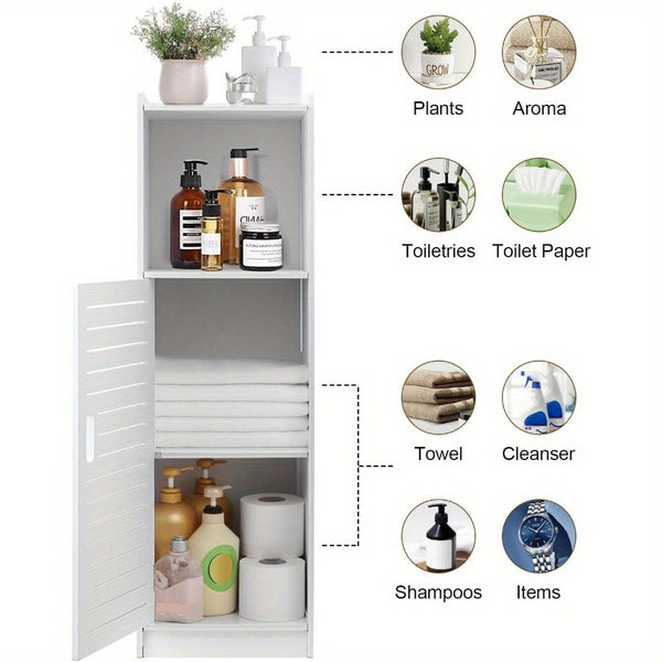 Bathroom Storage Cabinet | White Wood-Plastic Freestanding Organizer | 3-Tier with Slatted Doors & Open Shelf | Space-Saving Design for Bathroom, Kitchen, Bedroom | Modern Minimalist Style, Versatile Cabinet | Slatted Door Design | Woodplastic Material, B