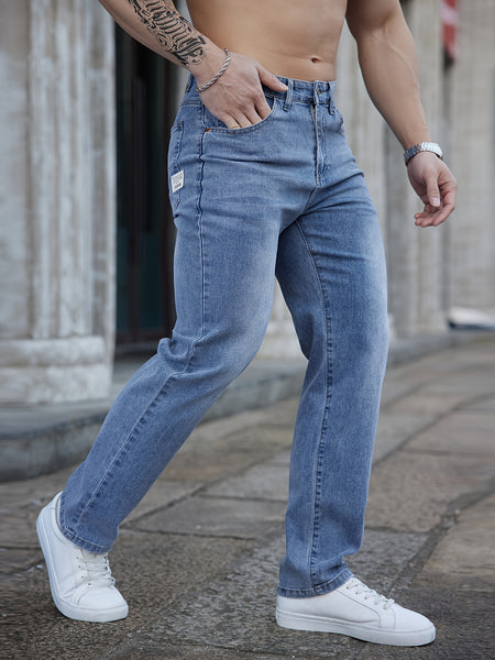 2025 Spring/Summer New Men's Light  Washed Faded Embroidered Slim-Fit Versatile Trendy Stretch Jeans