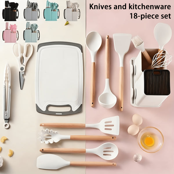 23pcs Silicone Kitchenware And Kitchen Knife Set | Heat Resistant Silicone Cutlery with Wooden Handle | Chef Knife | Non-Stick Friendly Tool | Easy to Cook And Clean | Convenient to Carry | Suitable for School, Home, Outdoor Use | Mother'S Day