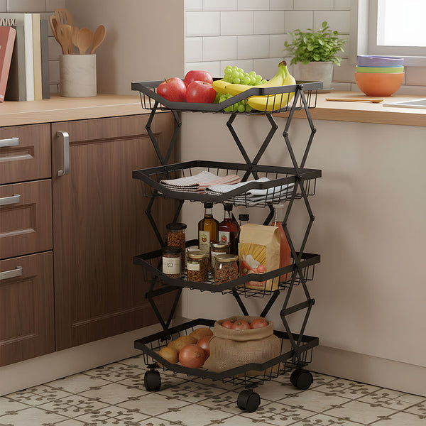 Foldable Kitchen Organizer Cart with 360° Rotating & Multi-Tier Shelves, Large Capacity Metal Vegetable Cart & Organiser - Portable, Space-Saving Storage for Pantry, Utility Room & Kitchen