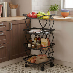 Foldable Kitchen Organizer Cart with 360° Rotating & Multi-Tier Shelves, Large Capacity Metal Vegetable Cart & Organiser - Portable, Space-Saving Storage for Pantry, Utility Room & Kitchen