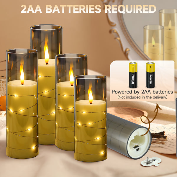 5-Pack LED Flameless Candles with Remote, Battery Operated Flickering Flame Effect Candles with Timer and Embedded String Lights, Realistic Glass Electric Candles for Home Decor