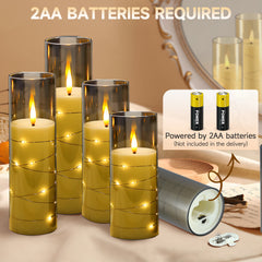 5-Pack LED Flameless Candles with Remote, Battery Operated Flickering Flame Effect Candles with Timer and Embedded String Lights, Realistic Glass Electric Candles for Home Decor