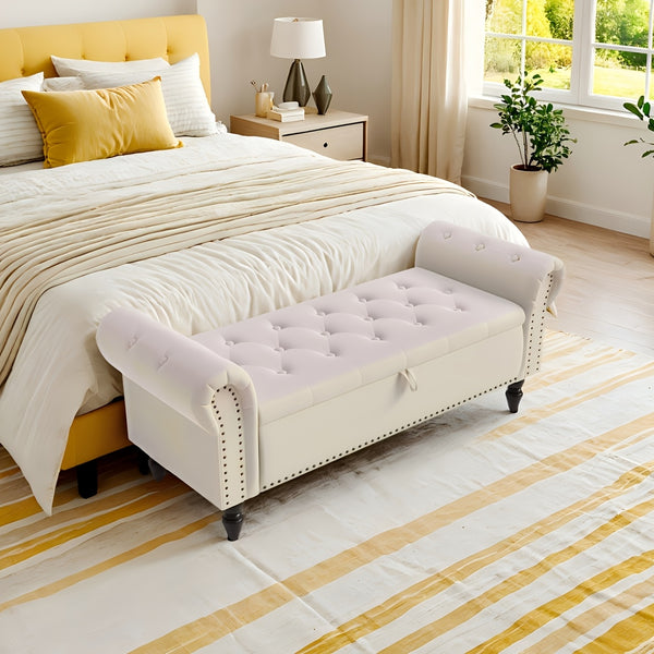 Ottoman Storage Bench, Velvet End Of Bed Storage Box With Lid, Sturdy Wood Legs Footrest, 168KG Load Capacity, Sofa Bench For Bedroom/Living Room, 133x53x46cm (Grey/Blue/Beige)