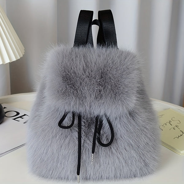 1pc Women's Plush Faux Fur Backpack - Soft Mini Daypack with Adjustable Drawstring Closure & Strap, Golden-Tone-like Black Tip (No-Washable) - Elegant White/Black Mini Bag for,, Travel - Faux-Fur Coat-Like Texture Purse, Bags For Women, Small Backpack For
