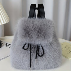 1pc Women's Plush Faux Fur Backpack - Soft Mini Daypack with Adjustable Drawstring Closure & Strap, Golden-Tone-like Black Tip (No-Washable) - Elegant White/Black Mini Bag for,, Travel - Faux-Fur Coat-Like Texture Purse, Bags For Women, Small Backpack For