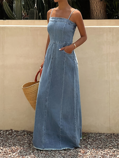 [2026Ss]Vintage Distressed Washed Denim Long Strap Dress, an Elegant And Stylish Outfit for Women, Made from Comfortable Fabric in a Retro Denim Style