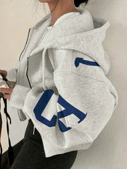 Hooded Loose Casual Zip-Up Letter Print Sweatshirt Graduation, Back to Outfits, Graduation, Teacher Outfits for Women, Back to Pullover Fall Outfit Winter Autumn