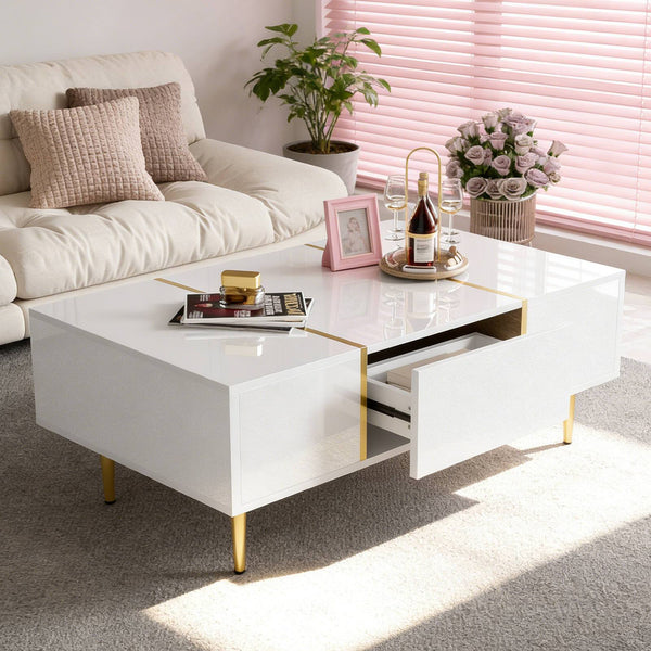 Modern Simple White High-gloss Coffee Table - 2 Drawers Storage Design For Small Space And Home Decor