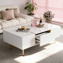Modern Simple White High-gloss Coffee Table - 2 Drawers Storage Design For Small Space And Home Decor