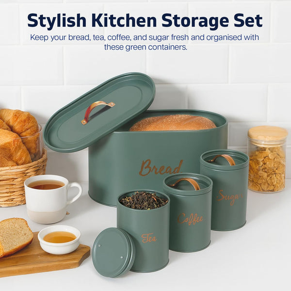 Kitchen Canister Set with Bread Bin (Green) | Metal Airtight Tea Coffee Sugar & Bread Canister with Silicone Seal | Kitchen Storage Set (4pcs) That Keep Edible Fresh for Longer