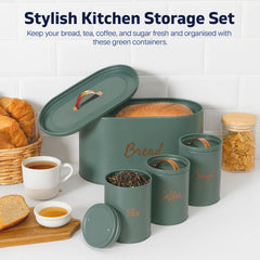 Kitchen Canister Set with Bread Bin (Green) | Metal Airtight Tea Coffee Sugar & Bread Canister with Silicone Seal | Kitchen Storage Set (4pcs) That Keep Edible Fresh for Longer