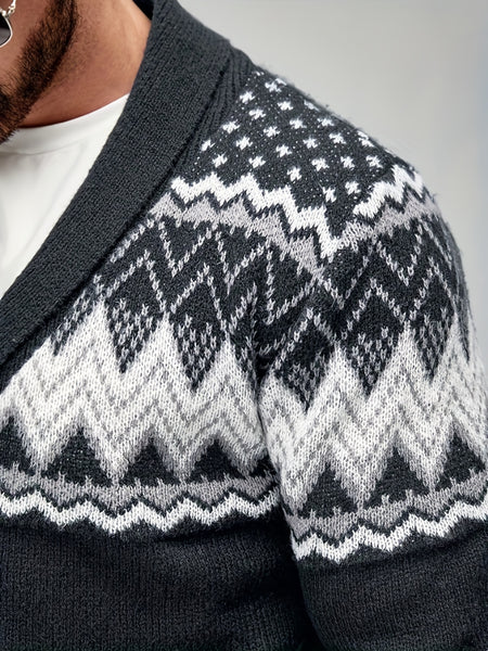 Men's Casual Geometric Pattern Cardigan Sweater - Navy Blue with White and Black Accents, Button-Up Collar, Machine Washable, Polyester for Fall/Winter