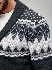Men's Casual Geometric Pattern Cardigan Sweater - Navy Blue with White and Black Accents, Button-Up Collar, Machine Washable, Polyester for Fall/Winter