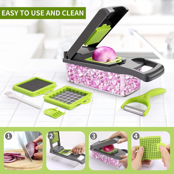 16pcs Vegetable Chopper, Multi-Purpose Fruit Slicer, Handle Food Grater, Vegetable Slicer, Cutter with Container, Onion Chopper with Multiple Interchangeable Blades