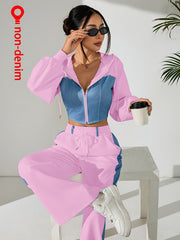 Women'S Suit Featuring a Two-Piece Set with Contrasting Colors, a Short Zip-Up Jacket with Long Sleeves for Spring And Autumn, Paired with Straight-Cut Elegant Casual Pants