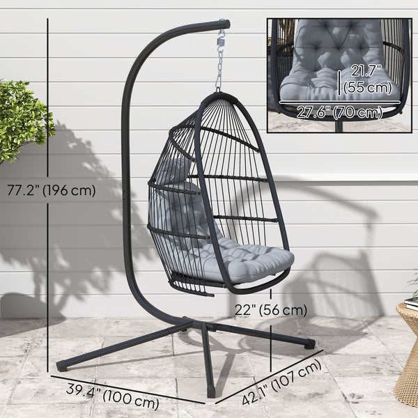 Rattan Hanging Egg Chair with Stand, Foldable Wicker Swing Egg Chair with Cushion, Head Pillow, Steel Frame, Hammock Chair for Indoor Outdoor, Capacity 150 kg, Dark Grey