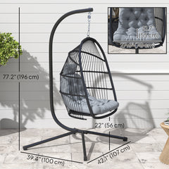 Rattan Hanging Egg Chair with Stand, Foldable Wicker Swing Egg Chair with Cushion, Head Pillow, Steel Frame, Hammock Chair for Indoor Outdoor, Capacity 150 kg, Dark Grey