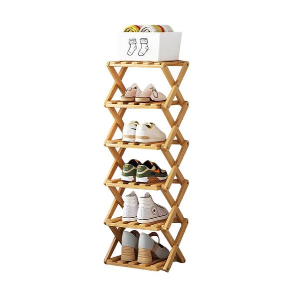 4/5/6/7 Tiers Bamboo Wooden Shoe Rack, Vertical Shoe Racks Storage Shelves Tall Shoe Tower, Collapsible Narrow Shoe Stand, Installation Free Folding X-Shape Shoe Racks Sneakers Slippers Holder Organizer, Multi Functional Shoe Rack Durable Footwear Cabinet