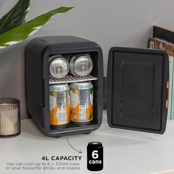 Russell Hobbs RH4CLR1001SCG 4L/6 Can Mini Portable Cooler & Warmer for Drinks, Cosmetics/Makeup/Skincare, AC/DC Power, Scandi Style, Grey & Wood Effect, for Bedroom, Home, Caravan, Car