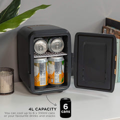 Russell Hobbs RH4CLR1001SCG 4L/6 Can Mini Portable Cooler & Warmer for Drinks, Cosmetics/Makeup/Skincare, AC/DC Power, Scandi Style, Grey & Wood Effect, for Bedroom, Home, Caravan, Car