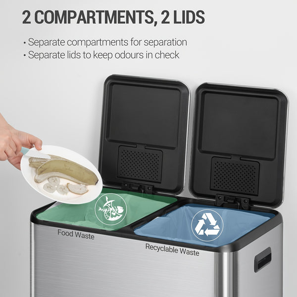 Kitchen Bin, (2 X 30L) 60L Recycling Bins, Pedal Bin with Lid, Stainless Steel Kitchen Bins Recycling And Waste, Silent Slow-Down Closing Lid, with 15 Exclusive Trash Bags, Silvery