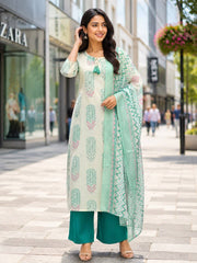 TeamWear* Women'S Cotton Embroidered Printed Kurta with palazzo & Dupatta Set with lace