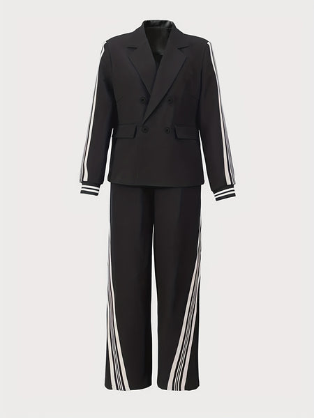 Women'S Striped Lapel Long Sleeve Jacket with Matching Trousers Set BK