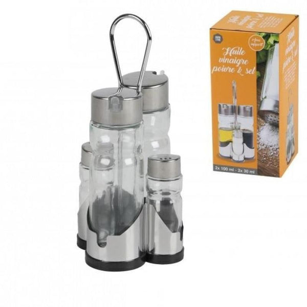 Glass Oil Vinegar Salt Pepper Shaker Set with Metal Holder Indoor Kitchen Use Utensils Bottles