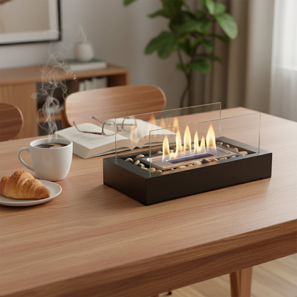 Rectangular Two-pane Glass Fireplace | Black Multi-functional Desktop Warm Stove, Contemporary Style, Metal, No Lighter Device, Suitable for Desktop or Small Space Usage