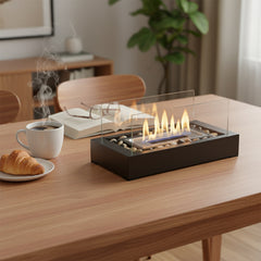 Rectangular Two-pane Glass Fireplace | Black Multi-functional Desktop Warm Stove, Contemporary Style, Metal, No Lighter Device, Suitable for Desktop or Small Space Usage