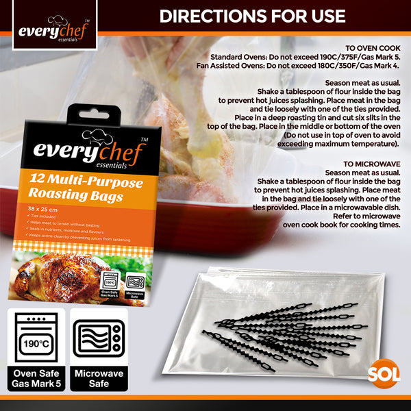 24 Pack Roasting Bags for Oven with Ties | 38x25cm Oven-Safe Cooking Bags for Chicken, Turkey, Meat & Fish | Disposable Mess-Free Oven Roasting Bags for Juicy Results & Faster Cooking | Multi-Purpose Turkey Roasting Bags with Easy Cleanup