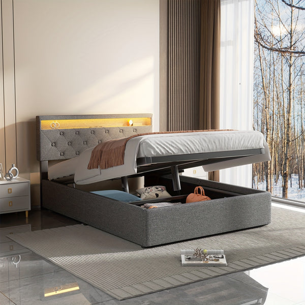 Upholstered Ottoman Bed/ 4 Drawer Storage Bed, 4ft6 Double Bed Frame with Storage & LED & USB, Gas Lift Up Storage Bed Hydraulic Upholstered Bed with Storage Headboard&Slats, Linen, No Mattress, Grey (Optional Purchase Of Mattress)