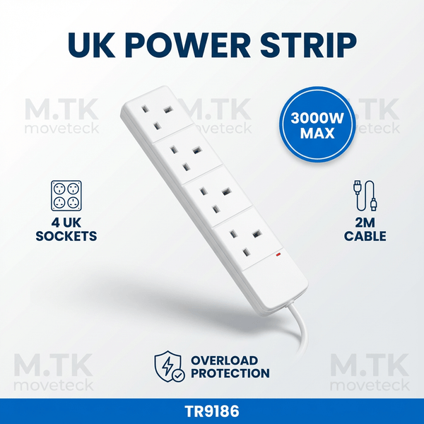 MTK 4 Way Power Strip Extension Lead with 2M Cable, 13A 3000W Max Safety Overload Protection, Fire-Resistant PP White Extension Socket for Home Office Travel Computer & Appliances
