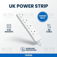 MTK 4 Way Power Strip Extension Lead with 2M Cable, 13A 3000W Max Safety Overload Protection, Fire-Resistant PP White Extension Socket for Home Office Travel Computer & Appliances
