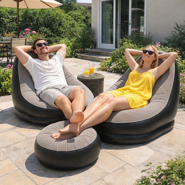 59-Inch Inflatable Lounge Chair Designed for Adults, a Portable Lazy Sofa Complete with a Footstool. This Flocked Recliner Is Perfect for Both Indoor And Outdoor Use