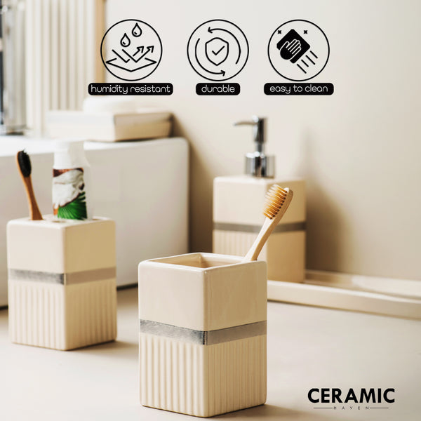 Ceramic Haven Elegance Collection | Set of 5 Luxury Bathroom Accessories | Soap Dispenser, Toothbrush Holder, Multipurpose Holder, Tumbler, Vanity Tray | Stylish Décor & Organizer