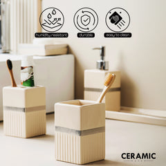 Ceramic Haven Elegance Collection | Set of 5 Luxury Bathroom Accessories | Soap Dispenser, Toothbrush Holder, Multipurpose Holder, Tumbler, Vanity Tray | Stylish Décor & Organizer