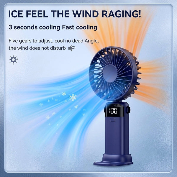 1 Foldable 3-in-1 Handheld Fan with LED Digital Display and 5 Adjustable Wind Speeds, Portable USB Rechargeable Fan with 90° Angle Adjustment and Whisper-Quiet Operation for Outdoor Travel Office and Daily Use