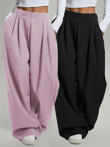 Elegant Set of Two Solid Color Casual Wide-Leg Pants