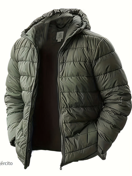 Men'S Outdoor Lightweight Thickened Hooded Windproof Quilted Solid Color Warm Coat