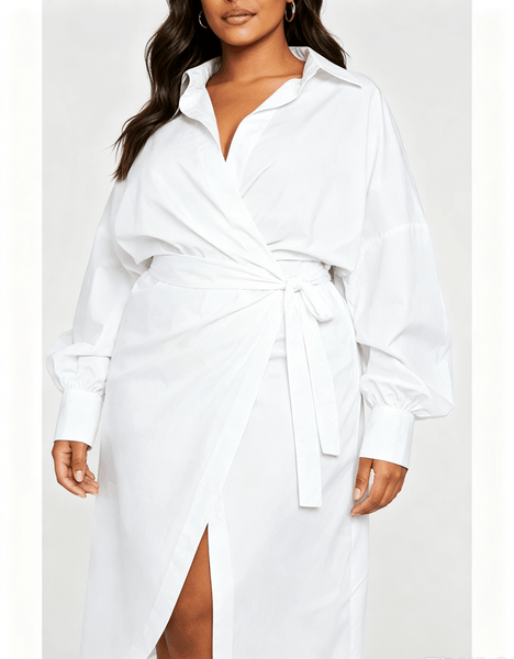 Women Wrap Midi Shirt Dress, Long Sleeve Lapel Side Zip Ruched Split Hem Dresses, Casual Office Party Dress