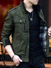 Men'S Solid Color Plaid Lining Cargo Jacket Autumn And Winter Multi-Pocket Design Stylish Long Sleeve Stand Collar Street Jacket Outdoor Coat Locomotive Jacket