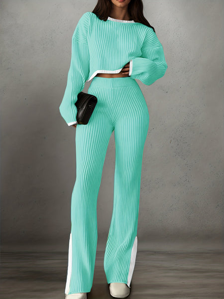 Women'S Short Color-Blocked Long-Sleeve Top with Solid Color Pants, a Casual And Stylish Outfit for Christmas
