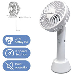 Schallen White Small Powerful Hand Held Travel Fan Mini Portable Handheld Fan USB Rechargeable Battery Powered Electric Travel Cooling Fan Lightweight Personal Pocket Fan with 3 Speed Settings Quiet Operation 1200mAh Long Battery Life Summer Cooling Fan f