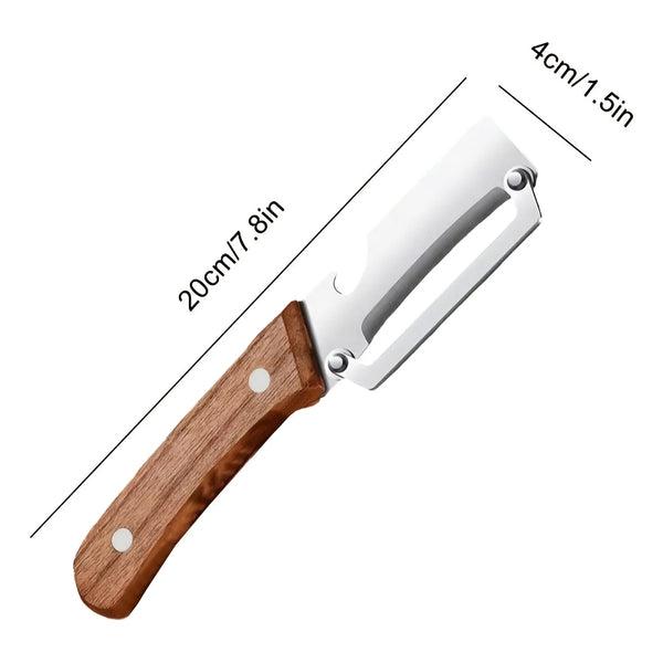 Zero-Snag Wooden Peeler, Multi-Functional Wooden Kitchen Tool, Multifunctional Vegetable Peeler with Stainless Steel Blades & Built-In Bottle Opener