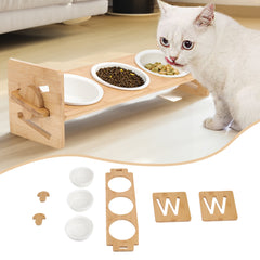 Pets Dog/Cat Bowls with Stand, 1/2/3 Bowls Adjustable Height Elevated Feeder Bowls for Cats and Small Dogs, Wooden Raised Feeding Bowls with Stand