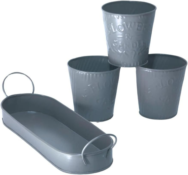 Trendi – Set of 3 Metal Plant Pots with Drip Tray | Embossed Indoor & Outdoor Plant Pots for Garden, Windowsill, Kitchen & Desk | Decorative Metal Flower Pots for Herbs & Plants | Light Grey
